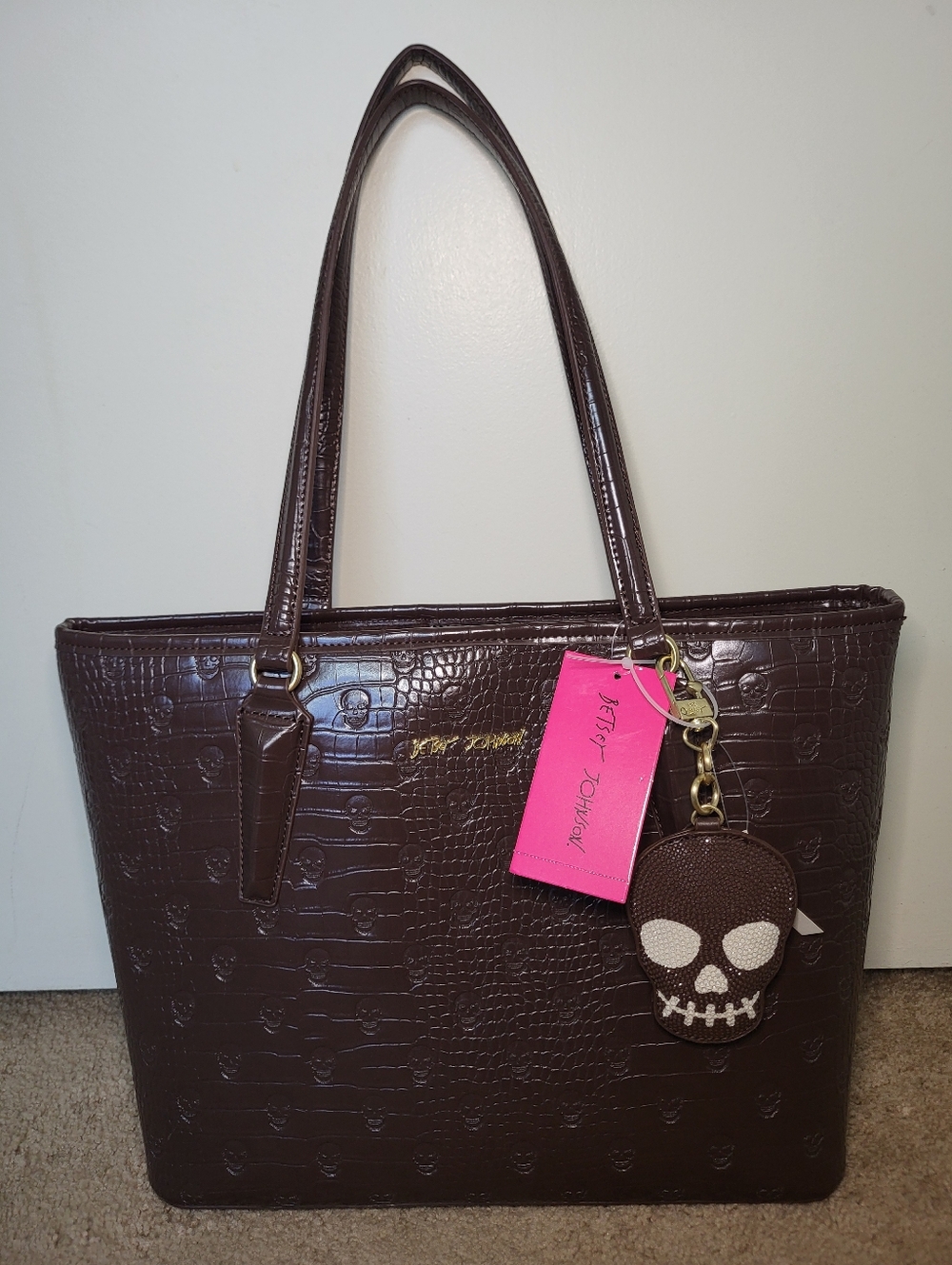 Betsey Johnson Brown Croc-Embossed Skull Tote